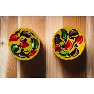 Set Of 2 Footed Talavera Mexican Pottery Salsa Bowl Painted Chili